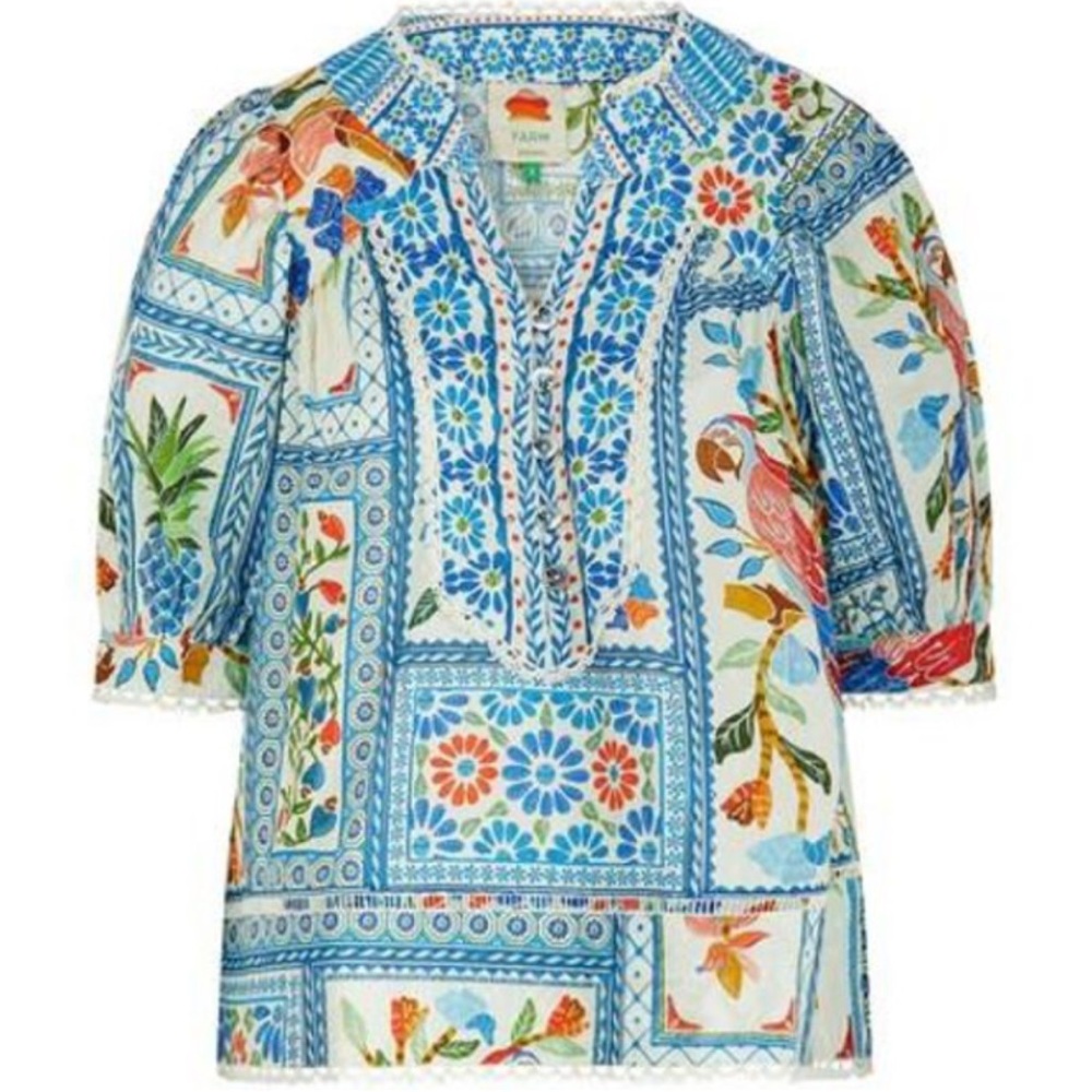 FARM RIO Tropical Tiles Split Neck Blouse with crochet detail & Buttons Size M